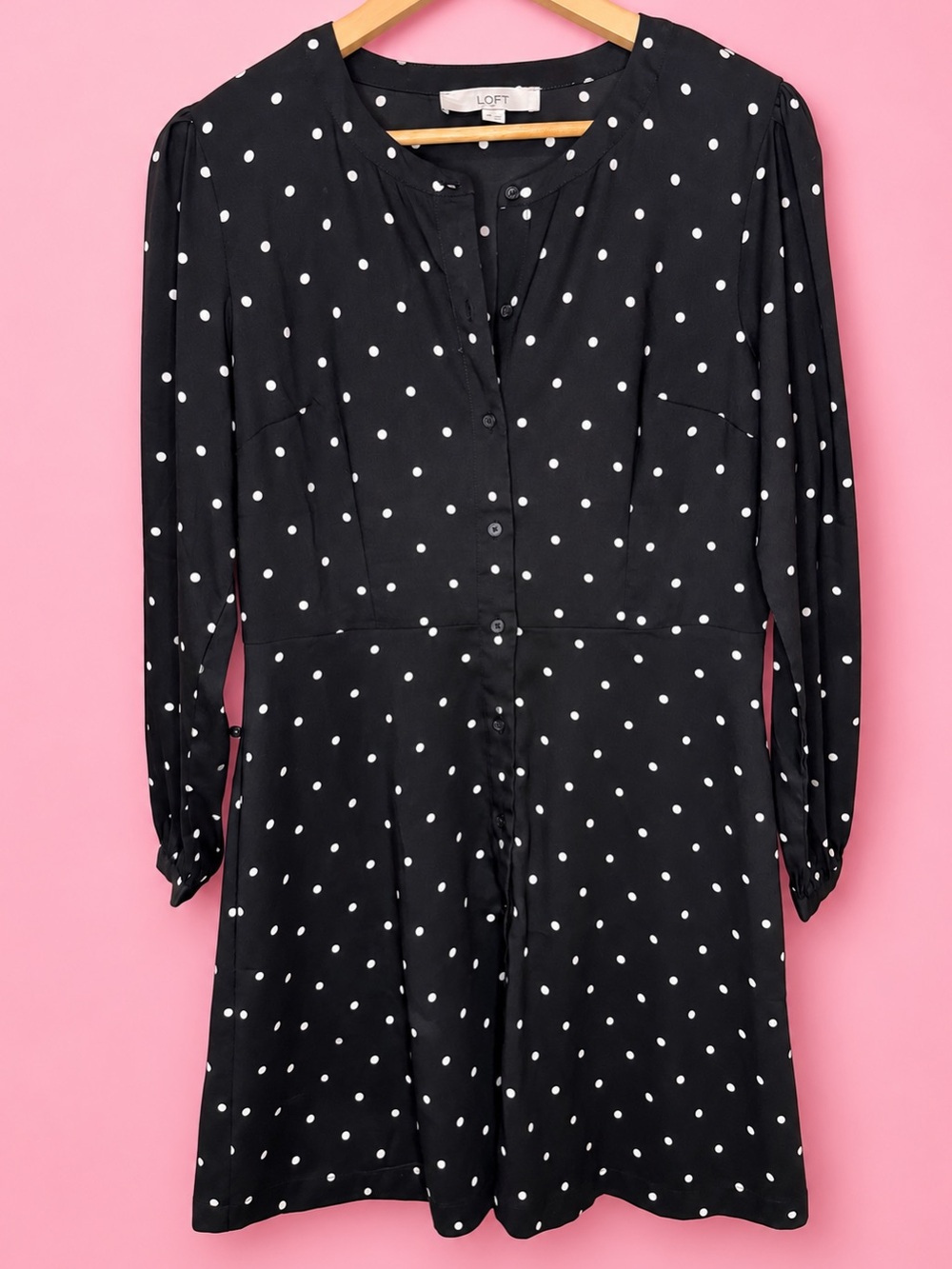 LOFT Black White Polka Dot Button Front Fit & Flare Dress Long Sleeve Size 8